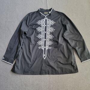 Bob Mackie 1X Black White Embroidered Tunic Buttoned Top Asian 1540